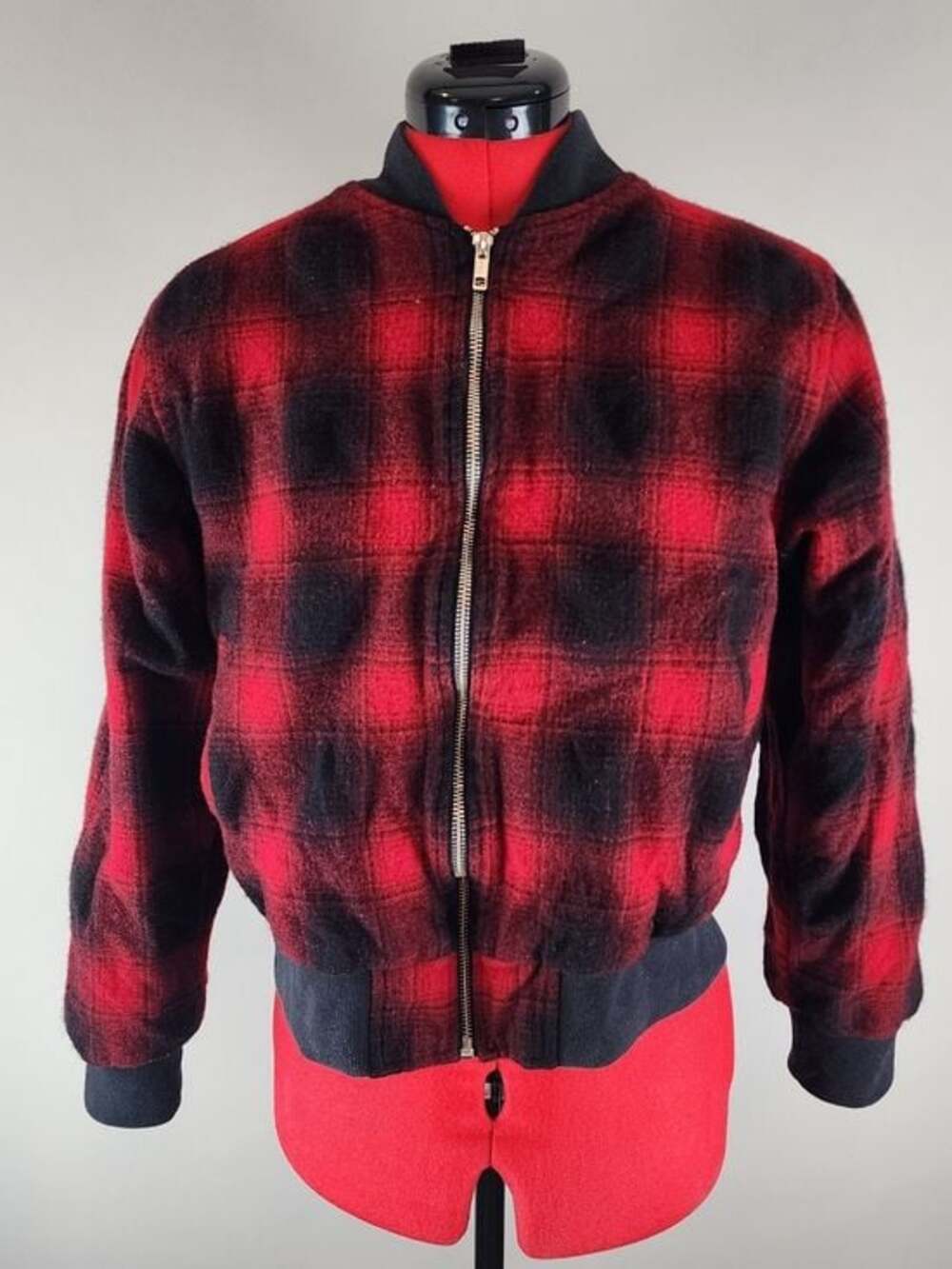 MN+LA Red Black Buffalo Plaid Flannel Bomber Jacket 90s Grunge Lumberjack Punk